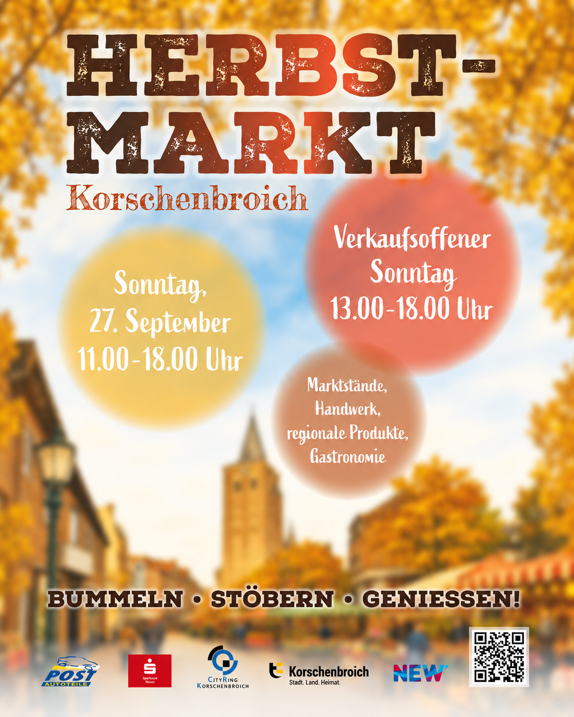 Herbstmarkt Korschenbroich am Sonntag, 27. September 2026, von 11 bis 18 Uhr. Verkaufsoffener Sonntag von 13 bis 18 Uhr.