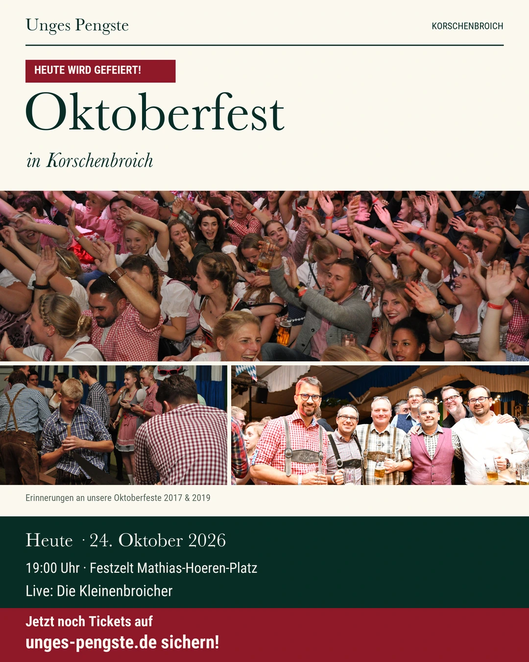 Collage mit Tanzfläche, Stämmesägen und Freunden bei den Oktoberfesten 2017 und 2019 sowie dem Ticket-Hinweis für den 24. Oktober 2026.