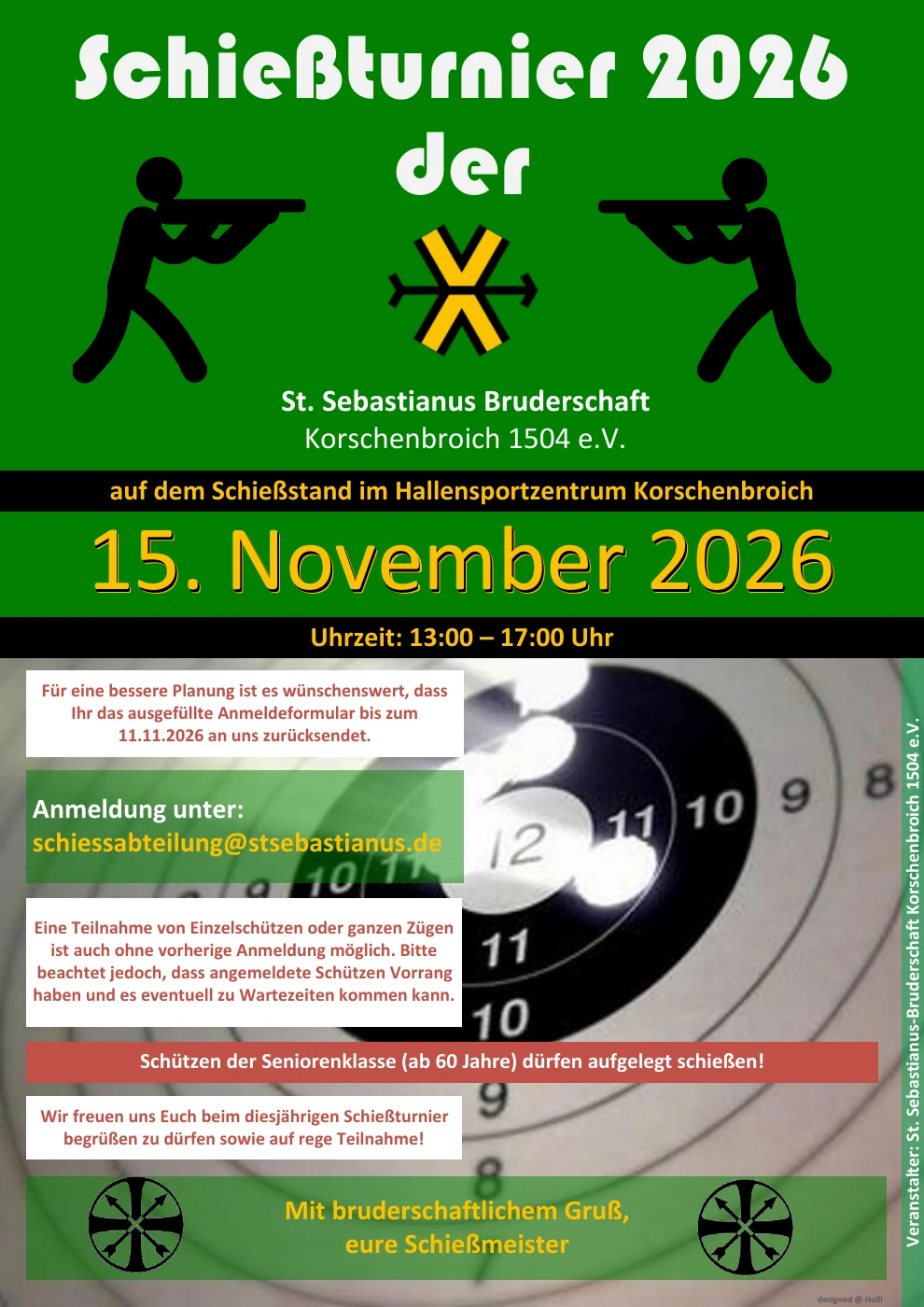 Veranstaltungsplakat zum Schießturnier am 15. November 2026, von 13 bis 17 Uhr im Hallensportzentrum Korschenbroich