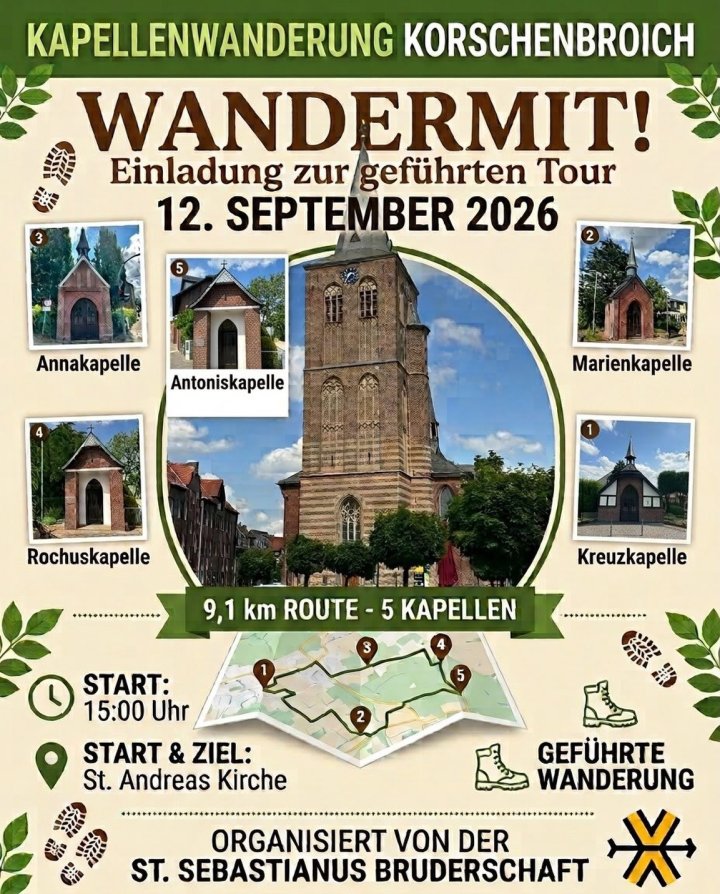 Save the date 🥾 Am Samstag, 12. September, gehen wir wieder los: Kapellenwanderung durch Korschenbroich. 9,1 Kilometer, fünf Kapellen, eine geführte Tour und unterwegs jede Menge G …