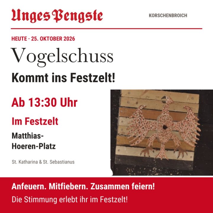 🎯 Auf zum Kirmesplatz! Um 13:30 Uhr geht’s zum Vogelschuss! Kommt vorbei, fiebert mit und erlebt live, wer sich die Königswürde sichert. Wir freuen uns auf viele Zuschauer und orde …