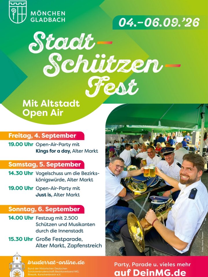 An diesem Wochenende findet das Stadtschützenfest in Mönchengladbach statt! 🎯 Drei Tage Altstadt Open Air am Alten Markt, und am Sonntag ziehen 2.500 Schützen und Musikanten durch …
