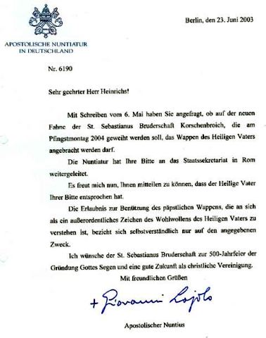 Schreiben des Apostolischen Nuntius mit Genehmigung zur Verwendung des Wappens des Hl. Vaters